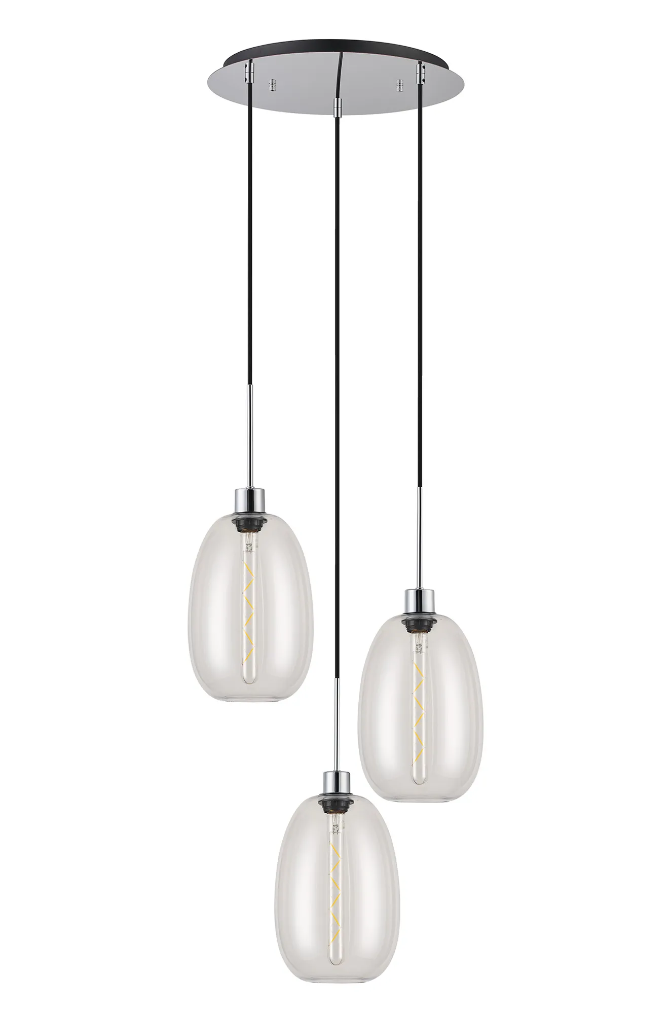 Lori 40cm Round Pendant, 3 Light Adjustable E27, Polished Chrome/Clear Slim Curved Trapezium Shades DK1269  Deco Lori Polished Chrome